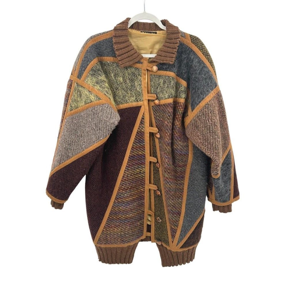 Vintage Patchwork Sweater Coat Oversized Mixed Knit Lined Art Wear Boho Jacket